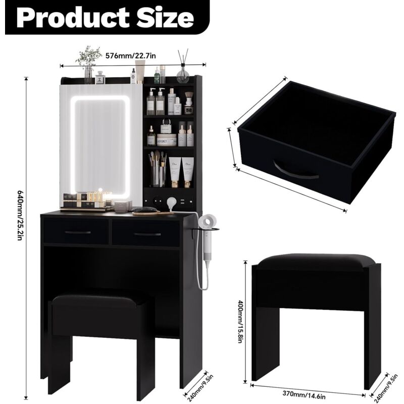Aovquof Coiffeuse Avec Miroir LED Hollywood – 3 Couleurs & Luminosité Réglable – Meuble Maquillage Noir Élégant M29