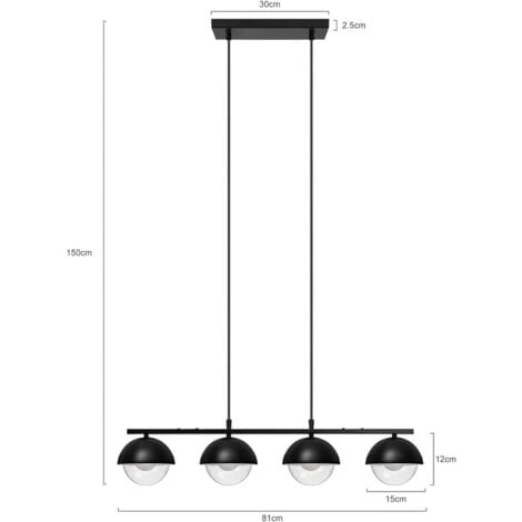 Suspension Table à Manger Lampe Suspendue en Verre 4 Ampoules Moderne Métal en Noir Rétro Lampe Suspendue Industrielle Réglable en Hauteur pour Salle à Manger Restaurant Café Max.