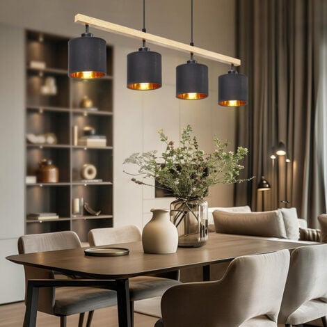 Suspension moderne à 4 ampoules pour table de salle à manger, avec poutres en bois et abat-jour en tissu, métal noir mat, max. 60 W, 4 ampoules E27 (sans ampoule)