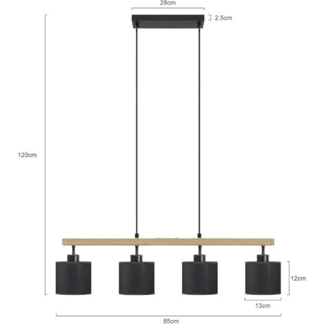 Suspension moderne à 4 ampoules pour table de salle à manger, avec poutres en bois et abat-jour en tissu, métal noir mat, max. 60 W, 4 ampoules E27 (sans ampoule)