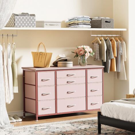 Commode à 10 Tiroir en Tissu, Commode De Chambre, Meuble TV avec Station De Charge, Meuble De Rangement pour Salon, Chambre d'enfant ,121x39x70cm(Rose) (1/5)
