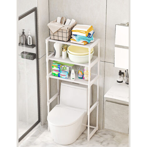 Colonne de toilette,Étagère de Salle de Bain,Meuble WC Au-Dessus des Toilettes à 3 Niveaux,Barre Inférieure Réglable, Meuble de Rangement Cadre en Métal-50.5x30x134cm,blanc (1/5)