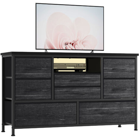 Commode à 8 Tiroirs Avec Lumière LED, Station de Charge, Commode Pour Chambre, Salon, Couloir Gris/Noir (1/5)