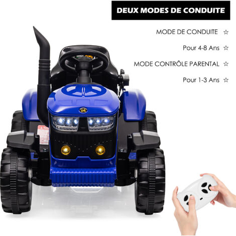 Tracteur Électrique Enfants Avec Remorque Amovible, 12V Voiture Électrique 6 Pneus Avec Télécommande, Musique, Double Moteurs, Phares LED Pour Enfants 3 Ans Bleu 89884975