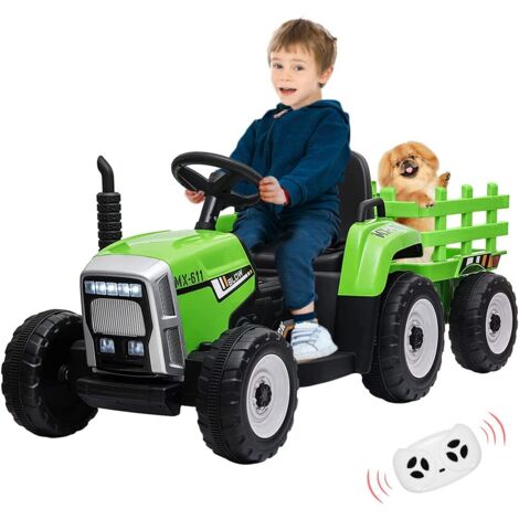 Voiture électrique,12V Tracteur Électrique Enfants avec Pelle & Remorque Amovible, Véhicule Électrique Enfant avec Lumière LED & Musique & Klaxon, Télécommande 2,4G, 2-6km/h pour Enfants de 1 Ans+ (VE