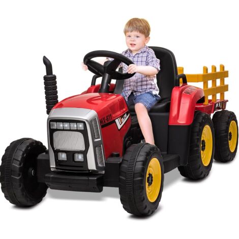 Lunsy – Voiture électrique 12V pour enfants – Tracteur avec remorque amovible – Lumière LED, musique, klaxon – Télécommande 2,4G, vitesse 2-6 km/h - 2-6km