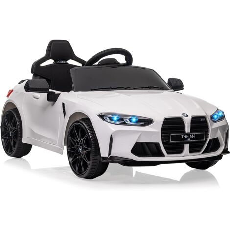 Lunsy – Voiture électrique enfant BMW M4 télécommandée – 12V – 3 vitesses jusqu'à 3 km/h – Klaxon, LED, musique – Pour enfants 3-8 ans – Blanc