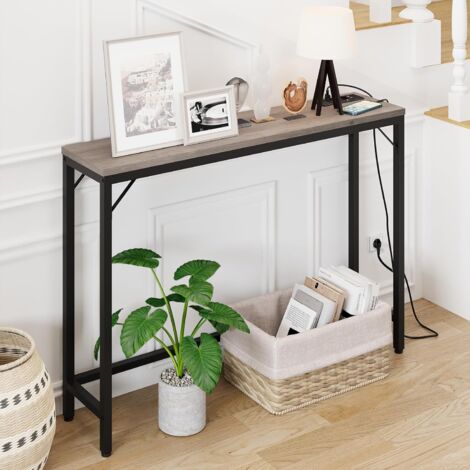 Lunsy – Table console étroite 100 x 23 x 80 cm – Bois de qualité supérieure et métal noir – Station de charge intégrée avec 2 prises et 2 ports USB (1/5)