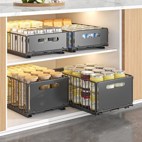 Tiroir Coulissant Pour Armoire Cuisine - 37.5x24.5x19 Cm, Acier Carbone - Installation Adhésive Ou Vis - Noir
