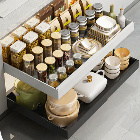 1 pièces Tiroir Coulissant Cuisine,Tiroir Télescopique,Organisateurs D'armoire Coulissants,Panier de tiroir,Organisateur Placard Cuisine,32-52cm,Noir