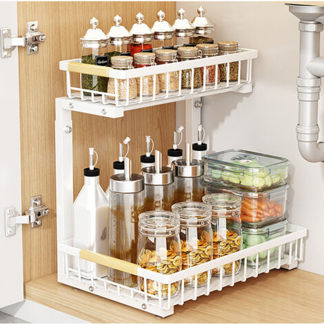 Rangement sous l'évier, Rangement pour armoire coulissante, Étagère d'évier coulissante à 2 niveaux, Étagères de rangement pour armoire en acier carbone, Rangement sous l'évier pour armoire de cuisine