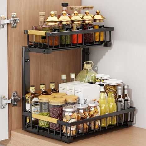 Rangement sous l'évier, Rangement pour armoire coulissante, Étagère d'évier coulissante à 2 niveaux, Étagères de rangement pour armoire en acier carbone, Rangement sous l'évier pour armoire de cuisine