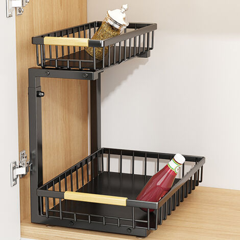 Rangement sous l'évier, Rangement pour armoire coulissante, Étagère d'évier coulissante à 2 niveaux, Étagères de rangement pour armoire en acier carbone, Rangement sous l'évier pour armoire de cuisine