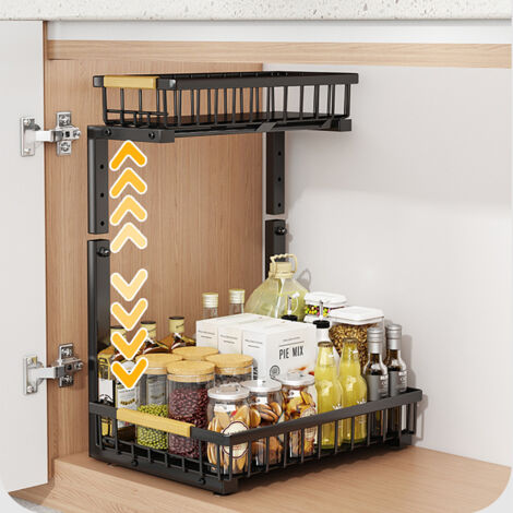 Rangement sous l'évier, Rangement pour armoire coulissante, Étagère d'évier coulissante à 2 niveaux, Étagères de rangement pour armoire en acier carbone, Rangement sous l'évier pour armoire de cuisine