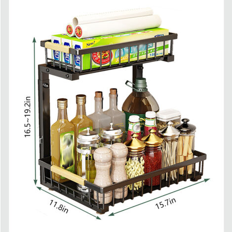 Rangement sous l'évier, Rangement pour armoire coulissante, Étagère d'évier coulissante à 2 niveaux, Étagères de rangement pour armoire en acier carbone, Rangement sous l'évier pour armoire de cuisine