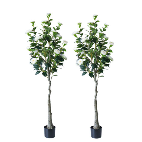 Lot de 2 Arbre à Fleurs de Camélia Blanc réaliste, 150cm Arbre à Fleurs Artificiel, Plante Florale en Pot Blanc pour la décoration intérieure de la Maison (1/5)