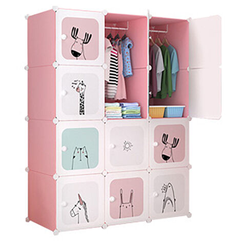 Lunsy – Armoire penderie en plastique 12 cubes – Dimensions 111x47x147 cm – Rangement portable pour vêtements, jouets et accessoires – Couleur rose