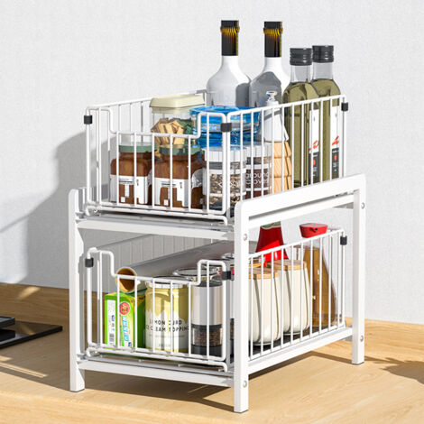 Rangements sous Evier 2 Niveaux Organisateur Coulissant avec 2 Tiroirs Porte-épices pour Comptoir de Cuisine Organisateur pour Salle de Bain, Cuisine, Bureau, Blanc (1/4)