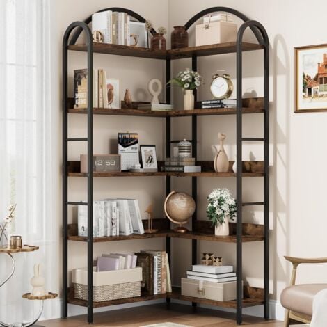 Bibliothèque d'angle 5 étagères, Grande étagère d'angle Industrielle, étagère d'angle sur Pied avec Cadre en métal pour Salon, Maison, Bureau, Marron Rustique