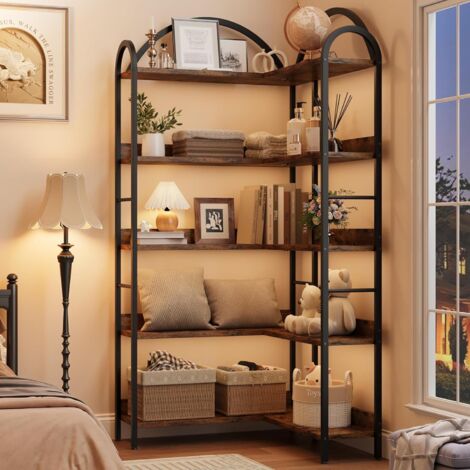 Bibliothèque d'angle 5 étagères, Grande étagère d'angle Industrielle, étagère d'angle sur Pied avec Cadre en métal pour Salon, Maison, Bureau, Marron Rustique