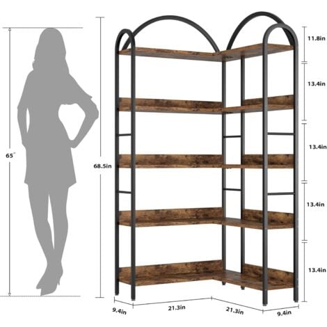 Bibliothèque d'angle 5 étagères, Grande étagère d'angle Industrielle, étagère d'angle sur Pied avec Cadre en métal pour Salon, Maison, Bureau, Marron Rustique
