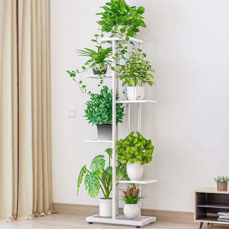 Support à plantes à 6 niveaux, 7 pots de fleurs d'intérieur, présentoir d'angle en métal, présentoir pour plusieurs plantes, pour salon, balcon, blanc (1/5)