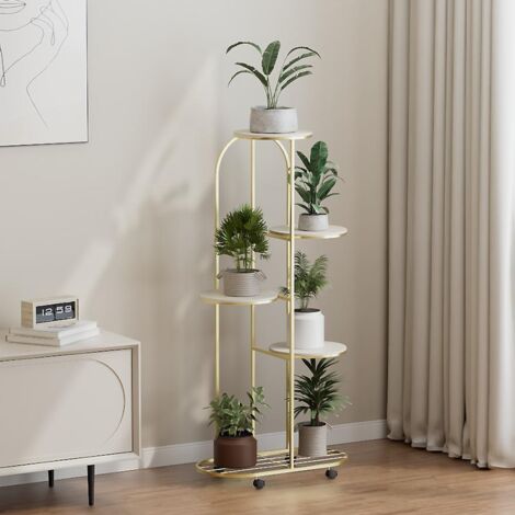 Étagère à plantes à 5 niveaux pour pots de fleurs, support d'angle en fer forgé avec roulettes, étagères pour plantes d'angle, balcon, jardin, terrasse, doré (1/4)