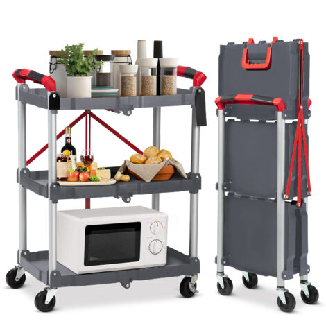 Chariot de service pliable avec roulettes - 58x 38 x 83 cm - Charge maximale : 150 kg - Étagère pliante à 3 niveaux - Étagère pliable à 3 étages - Étagère pliable