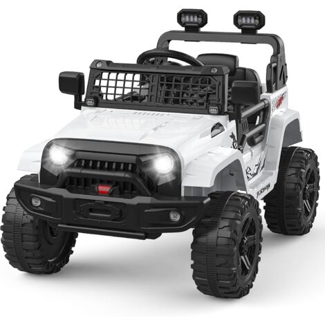 Voiture Électrique Enfant, 12V Véhicule Électrique avec Suspension à Ressort, lumières LED, Bluetooth, 2 Vitesses, Musique pour Garçons Filles Blanc
