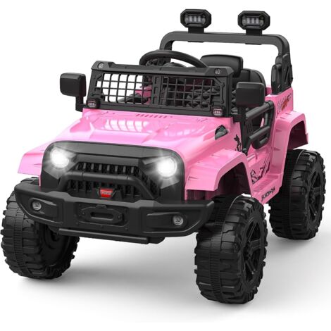 Voiture Électrique Enfant, 12V Véhicule Électrique avec Suspension à Ressort, lumières LED, Bluetooth, 2 Vitesses, Musique pour Garçons Filles Rose