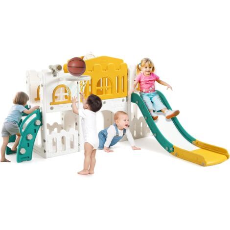 Toboggan pour Enfant 8 en 1, Ensemble Toboggan avec Espace de Cache-Cache, Échelle d'escalade, Panier de Basket, Télescope et Tunnel de Jeu pour Enfants Aire de Jeux - Vert (1/5)