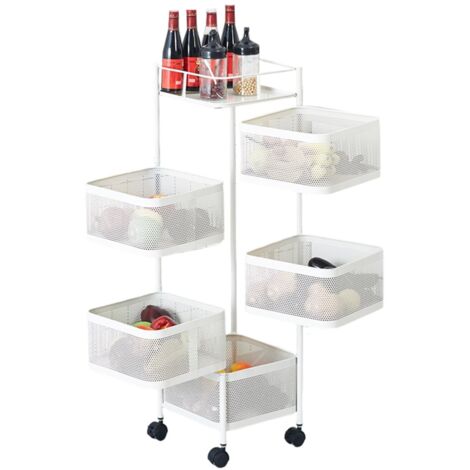 Étagère de rangement de cuisine à 5 niveaux, panier amovible multicouche sur roulettes, rangement de salle de bain pour cuisine et salon - Blanc (1/5)