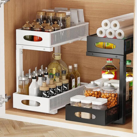 Étagère de rangement de cuisine à 2 niveaux, organiseur sous évier, organiseur de tiroir coulissant réglable en hauteur, rangement sous évier pour armoires de cuisine et de salle de bain - Noir