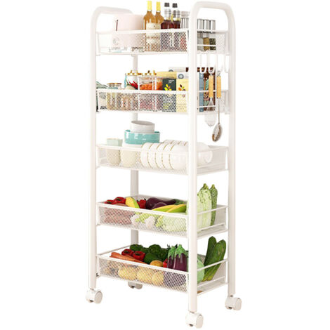 Chariot de cuisine à 5 niveaux, étagère en métal sur roulettes, chariot d'appoint, chariot de service pour cuisine, salle de bain, chambre à coucher, bureau, 44 x 26 x 102 cm, Blanc