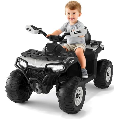Quad Électrique Enfant 12V, Voiture Électrique 4 Roues Tout-Terrain avec 2 Moteurs, Télécommande Parentale, Suspension, Phares LED, Musique, Bluetooth, USB, Drapeau Lumineux, Dès 3 Ans, Blanc (1/5)