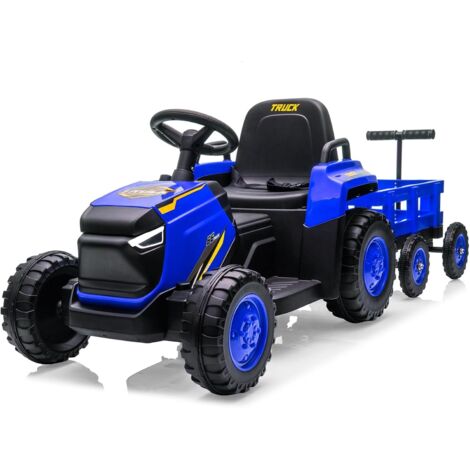 Tracteur Électrique Enfants avec Remorque Amovible, 12V Voiture Électrique 6 Pneus avec Télécommande, Musique, Double Moteurs, Phares LED pour Enfants 3+ Ans - Bleu