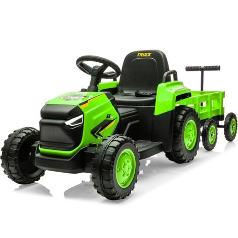 Tracteur Électrique Enfants avec Remorque Amovible, 12V Voiture Électrique 6 Pneus avec Télécommande, Musique, Double Moteurs, Phares LED pour Enfants 3+ Ans - Vert