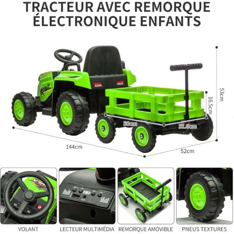 Tracteur électrique pour enfants avec remorque détachable, batterie 12 V, vitesse 3-5 km/h, télécommande 2,4 GHz, vert