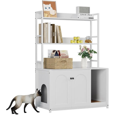 Bac à litière pour chat avec étagères, meuble en bois dissimulé avec 2 portes, abri d'intérieur pour chat avec griffoir, avec la plupart des présentoirs de rangement pour chats - Blanc