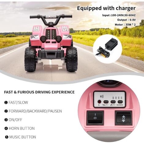 Quad Électrique Enfant 6V – LED, Musique, Klaxon – 1,8 Km/h – Démarrage Facile – ATV 3+ Ans