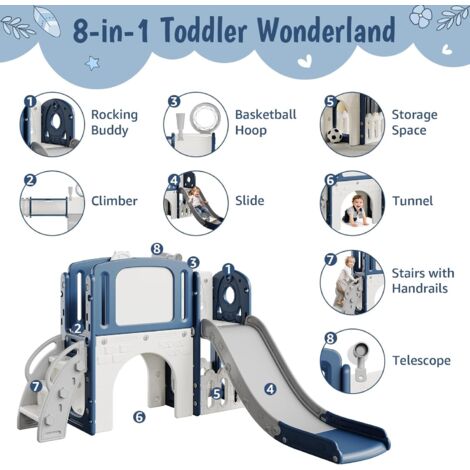 AIYAPLAY Toboggan 5 En 1 – Panier De Basket, Télescope, Rangement, Escalade Antidérapante – 1-3 Ans