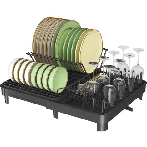 Égouttoir à vaisselle peu encombrant avec pieds surélevés, support à couverts amovible et bec rotatif, en acier au carbone pour assiettes, verres et autres couverts - Noir (1/5)