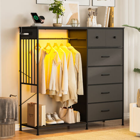Commode 6 tiroirs avec penderie et lumières LED – Armoire de rangement en tissu, structure métal/bois, station charge, noir
