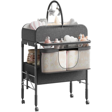 Table à langer pliante pour bébé N-226 – Avec rangement et baignoire, acier + tissu, gris foncé – Meuble de change pratique