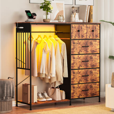 Commode 6 tiroirs avec penderie et lumières LED – Armoire de rangement en tissu, structure métal/bois, station charge, marron