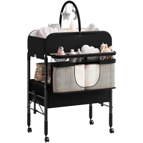 Table à langer pliante pour bébé N-226 – Avec rangement et baignoire, acier + tissu, noir – Meuble de change pratique