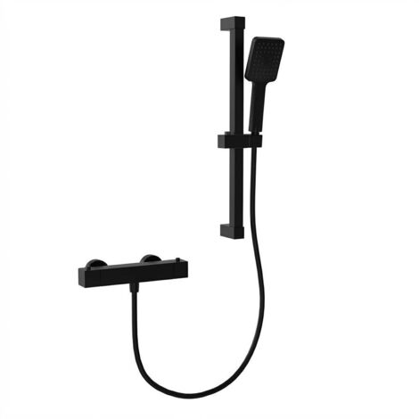 Colonne de douche avec robinet mitigeur thermostatique-Carré-Sortie basse unique + Barre coulissante-Douchette carrée-Noir mat