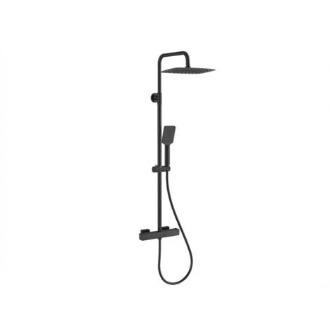 Colonne de douche avec robinet mitigeur thermostatique-Carré-Sortie sup/inf-Douche pluie 10" plastique-Douchette carrée-Noir mat