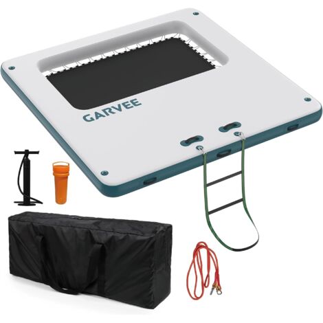 Plateforme flottante gonflable 3×3 m–Surface EVA antidérapante, zone de baignade filetée, échelle corde–Natation, yoga