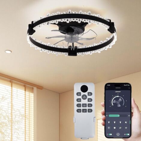 15W Ventilateur de Plafond Silencieux Rond à 7 Pales avec Lumière LED, Télécommande et Contrôle Par Application, Minuterie, Design avec Anneau en Acrylique(Noir)